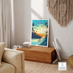 Vibrant Maui Hawaii surf print featuring stunning beach scene, perfect for travel enthusiasts and beach lovers.