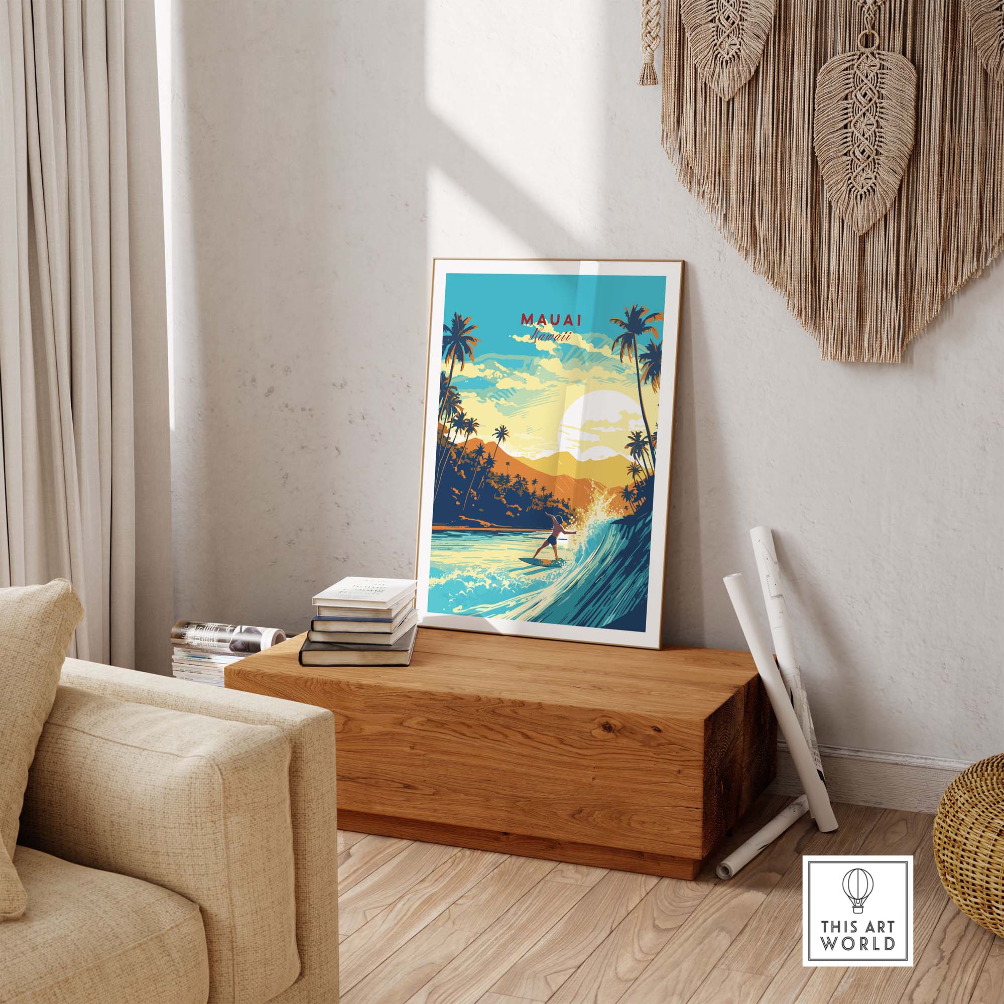Vibrant Maui Hawaii surf print featuring stunning beach scene, perfect for travel enthusiasts and beach lovers.