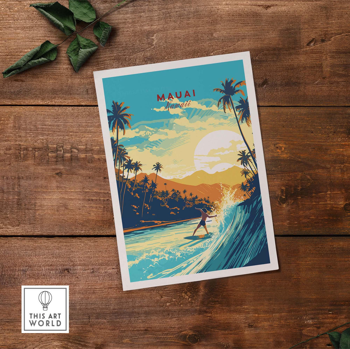 Maui Hawaii Surf Print featuring vibrant waves, palm trees, and a sunset, perfect for beach lovers and travel enthusiasts.