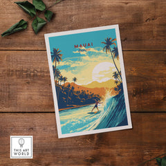 Maui Hawaii Surf Print featuring vibrant waves, palm trees, and a sunset, perfect for beach lovers and travel enthusiasts.