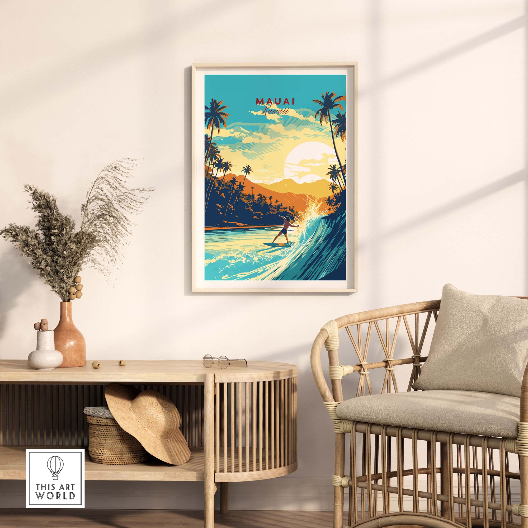 Maui Hawaii surf print showcasing vibrant waves and sunset, perfect for beach lovers and travel enthusiasts.