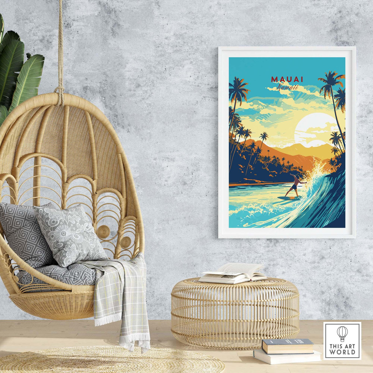 Maui Hawaii Surf Print in a coastal-themed living room, featuring vibrant beach colors and a surfer riding a wave.
