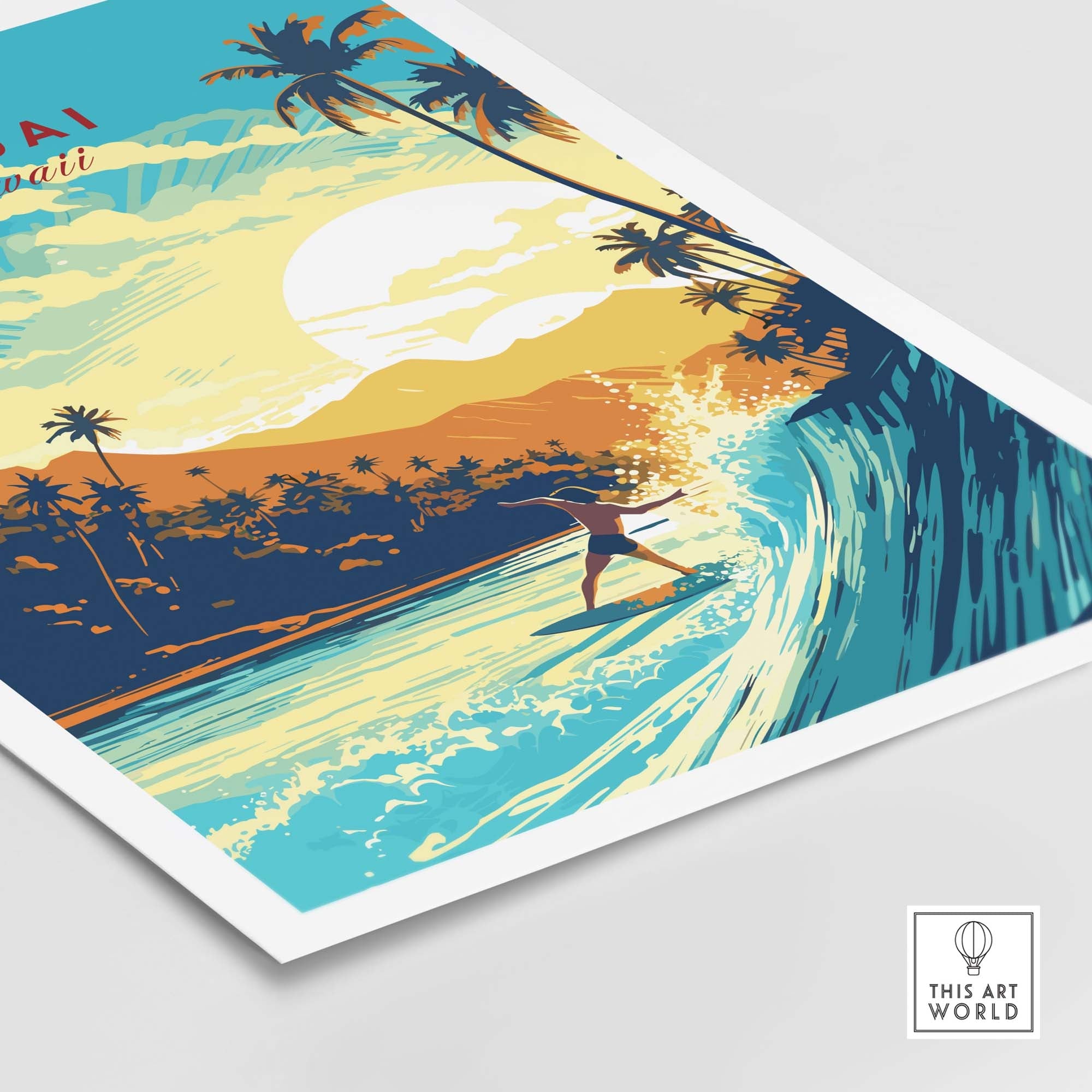 Maui Hawaii surf print featuring vibrant colors and a surfer riding a wave with palm trees and sunset in the background.