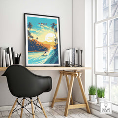 Maui Hawaii surf print showcasing vibrant beach scene and waves, perfect for travel enthusiasts and beach lovers.