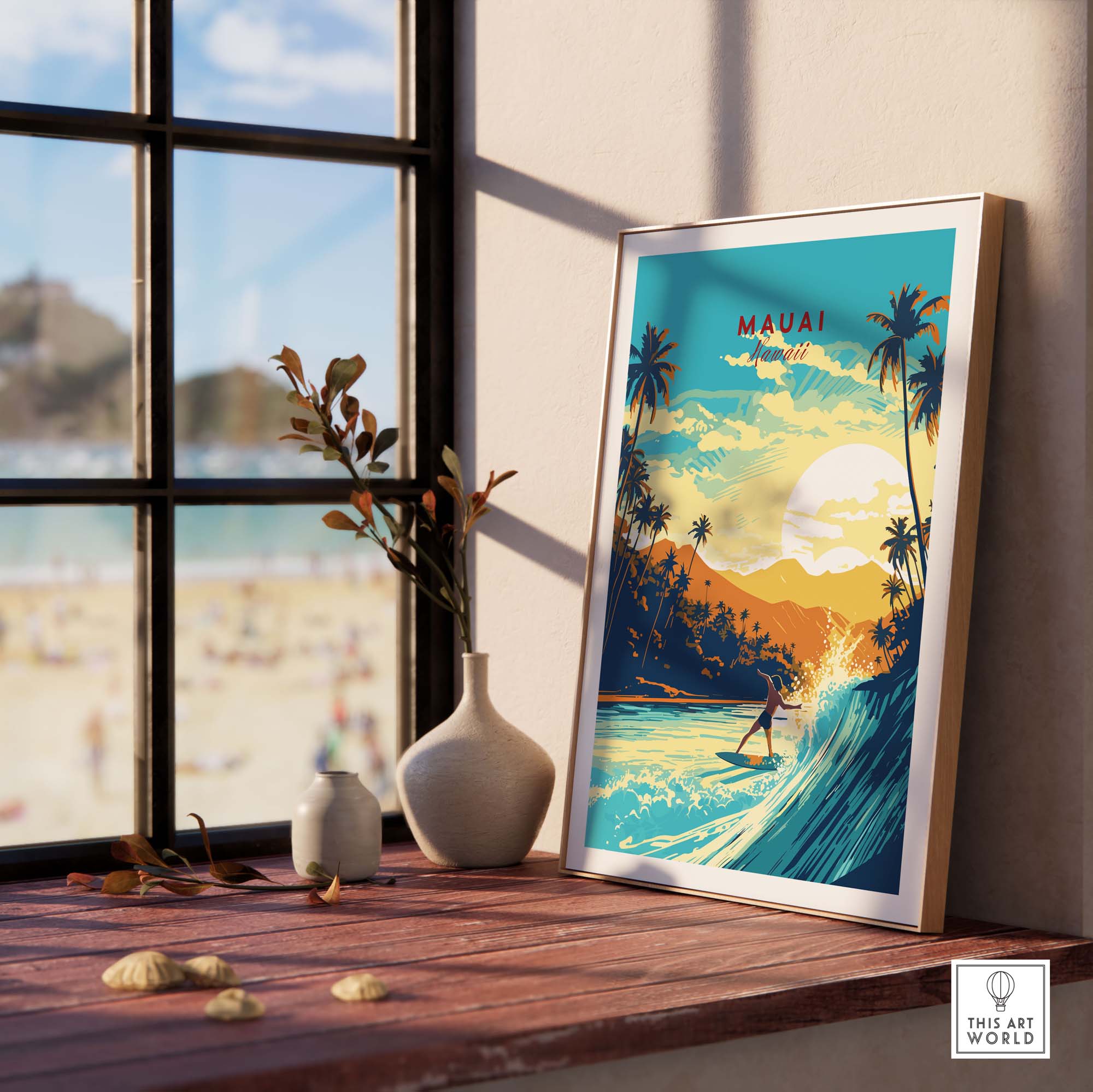 Maui Hawaii Surf Print framed by a window, showcasing vibrant waves and sunset, perfect for beach lovers and travel enthusiasts.