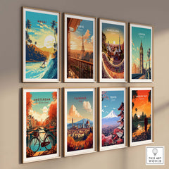 Colorful travel posters featuring Maui, Paris, Barcelona, London, Amsterdam, Florence, Tokyo, and Bangkok on a gallery wall.
