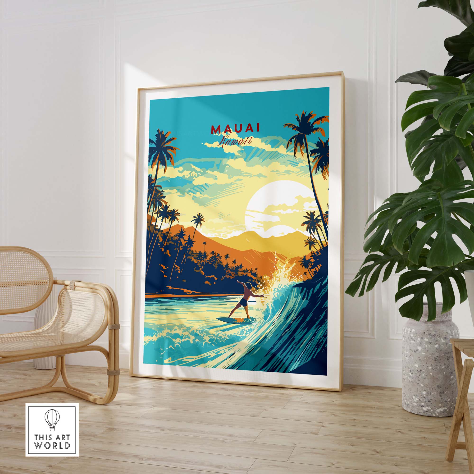 Vibrant Maui Hawaii surf print poster featuring a surfer, palm trees, and a stunning beach sunset. Perfect for beach lovers and travelers.