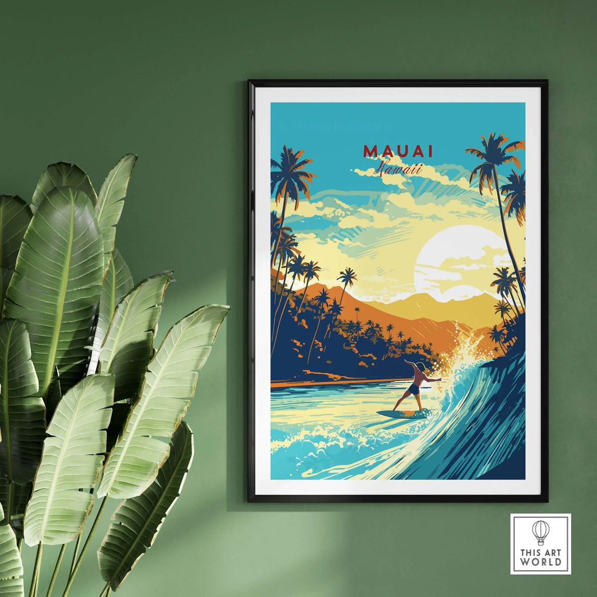 Vibrant Maui Hawaii surf print featuring palm trees, waves, and sunset, perfect for beach lovers and travel enthusiasts.