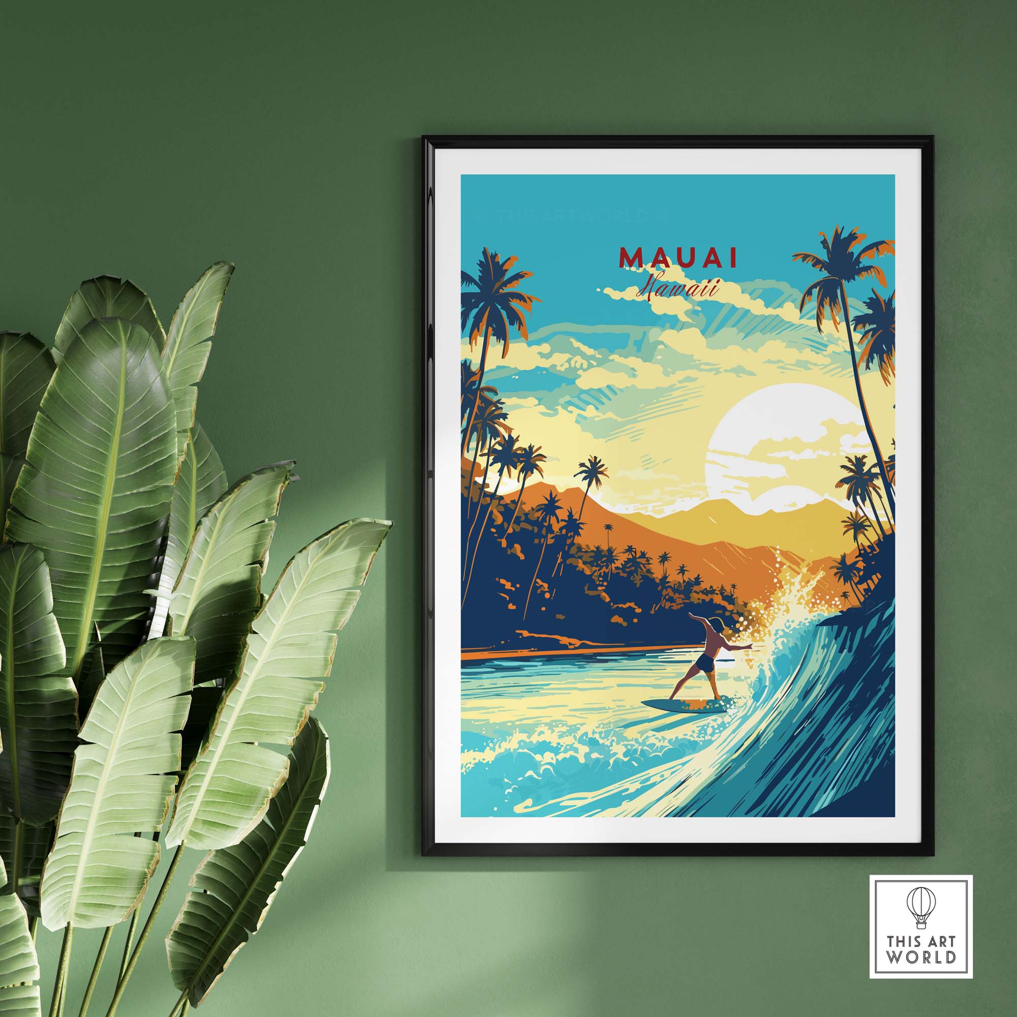 Vibrant Maui Hawaii surf print featuring palm trees, waves, and sunset, perfect for beach lovers and travel enthusiasts.
