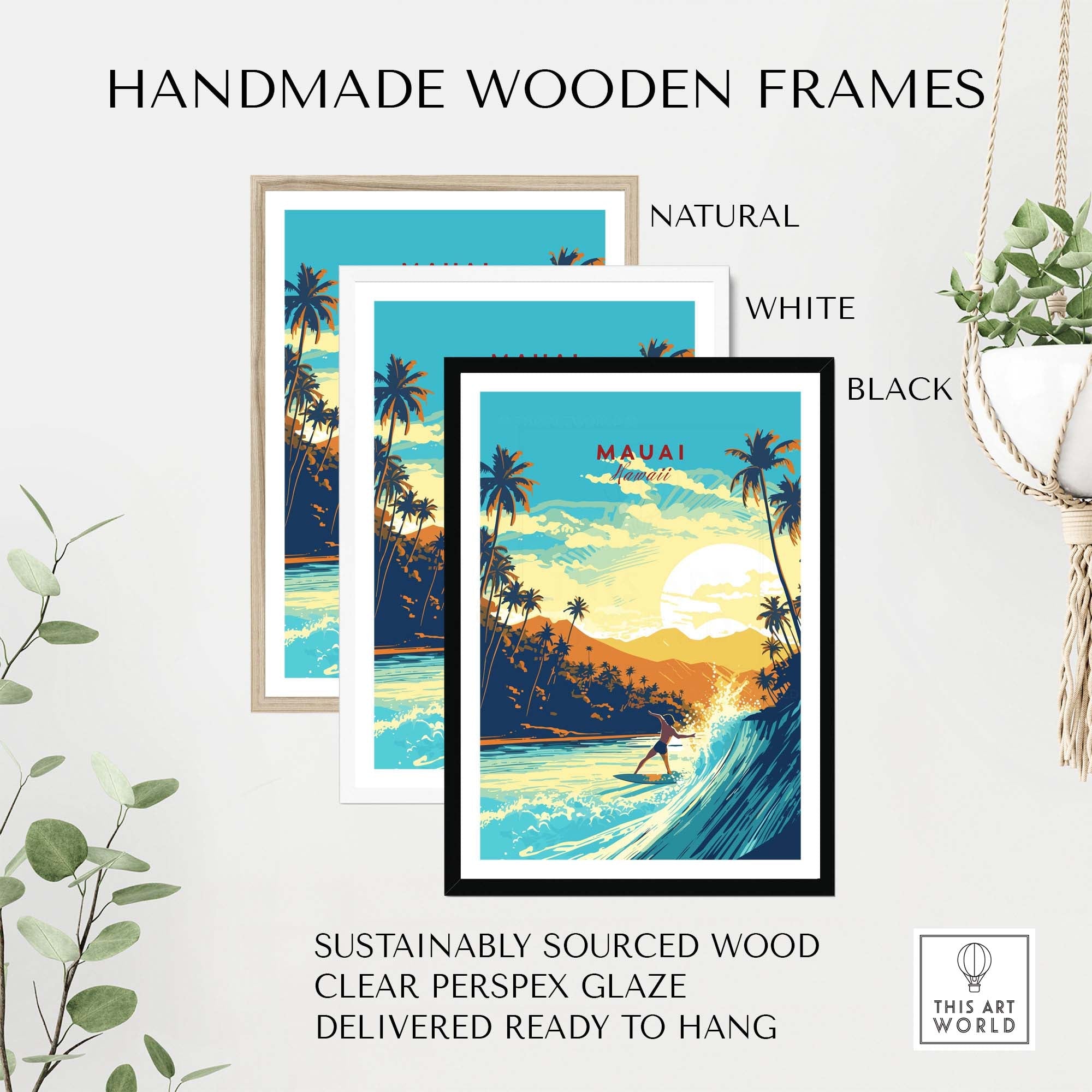 Maui surf print in handmade wooden frames, featuring natural, white, and black options with clear glaze, ready to hang.