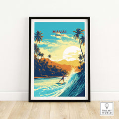 Vibrant Maui Hawaii surf print showcasing a surfer riding waves against a tropical backdrop with palm trees and a sunset.