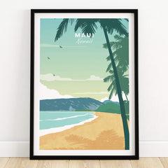 Maui Print Wall Art Poster featuring a serene beach scene with palm trees and a minimalist design.