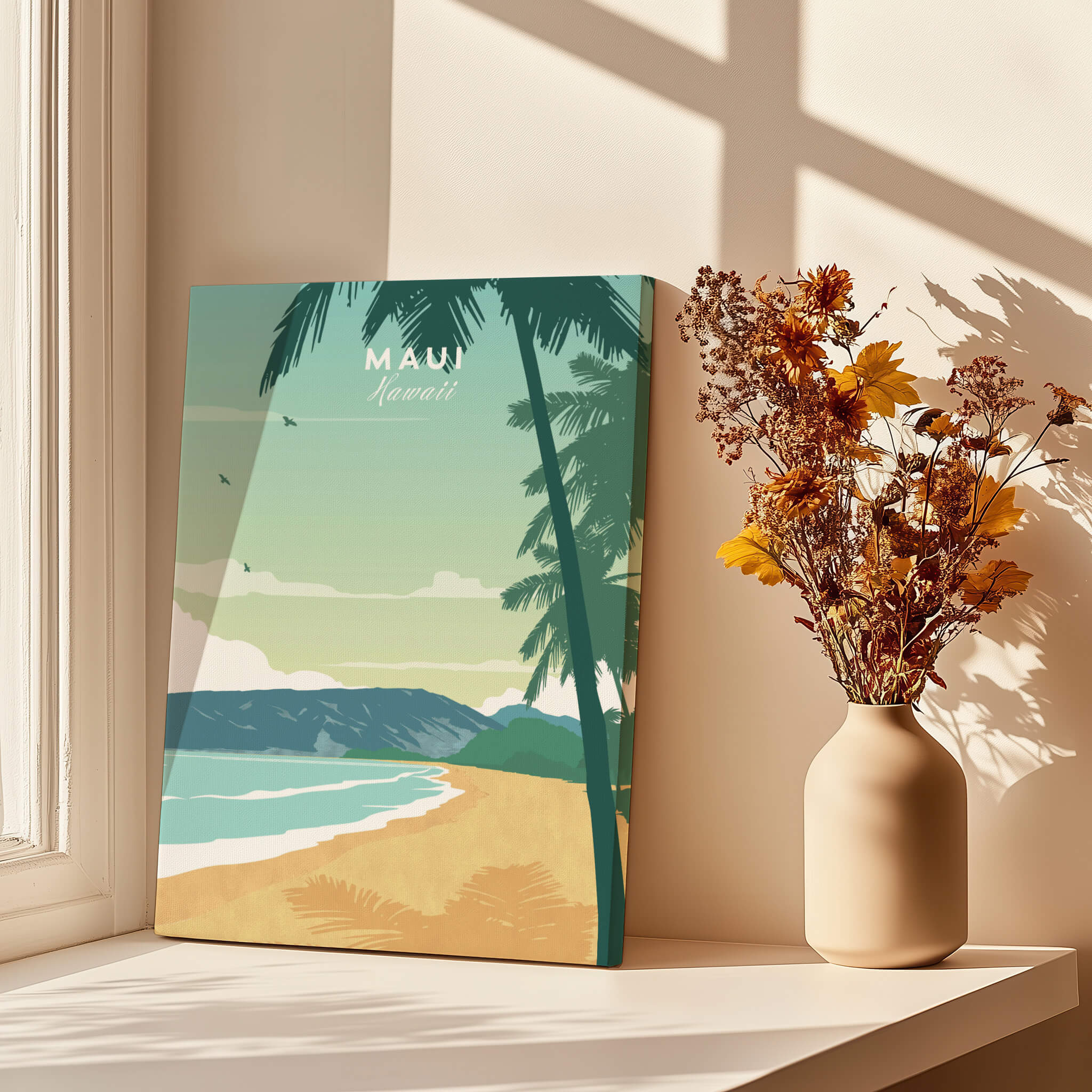 Maui Print Wall Art Poster showcasing a serene beach scene with palm trees and minimalistic design.