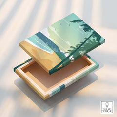 Maui Print Wall Art Poster design on a decorative box with beach scene and palm trees, perfect for home decor.