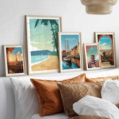 Maui Print Wall Art Poster showcasing minimalist beach scene and international travel prints in a stylish living room setting.