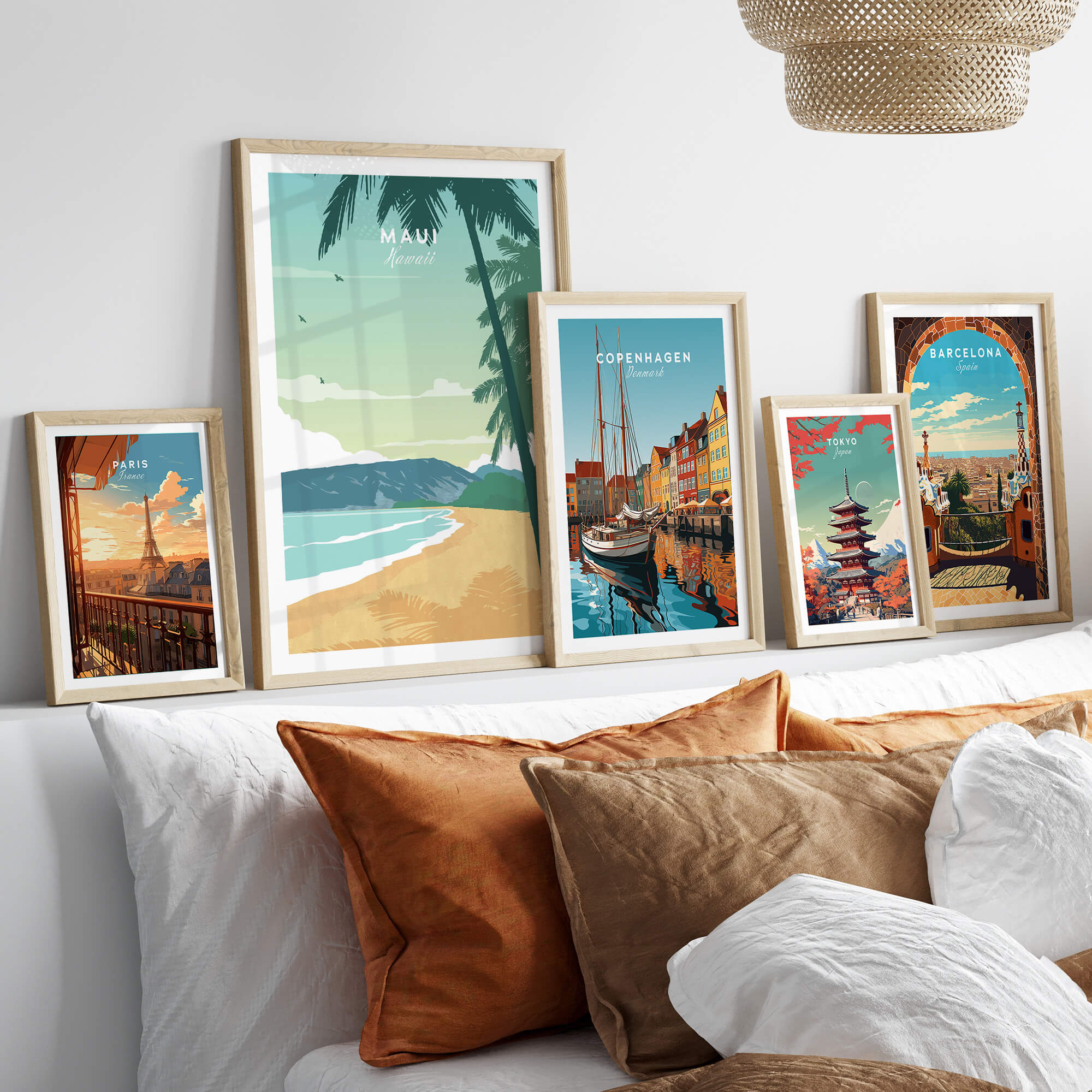 Maui Print Wall Art Poster showcasing minimalist beach scene and international travel prints in a stylish living room setting.