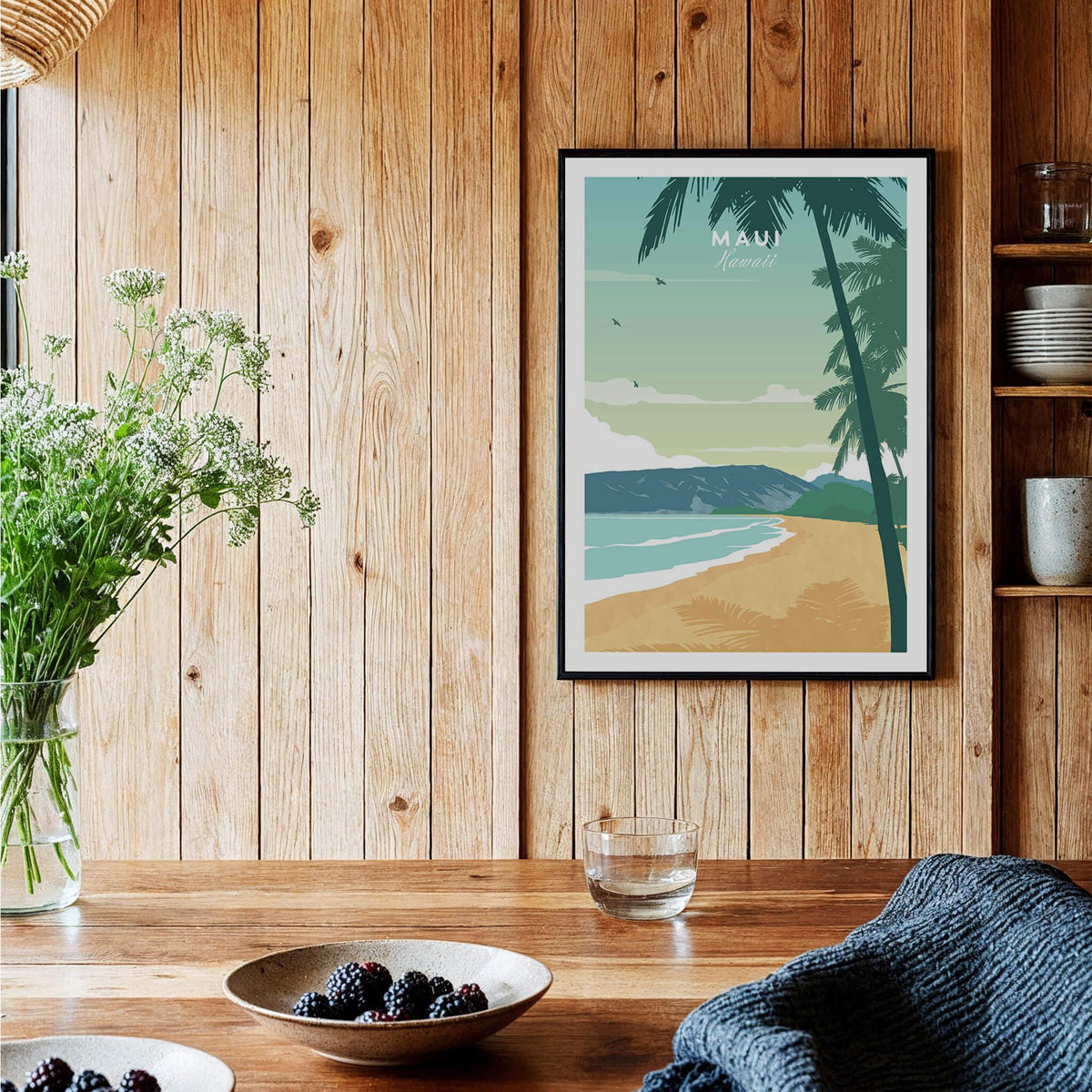 Maui Print Wall Art Poster featuring a serene beach scene with palm trees and minimalistic design in a cozy interior setting.