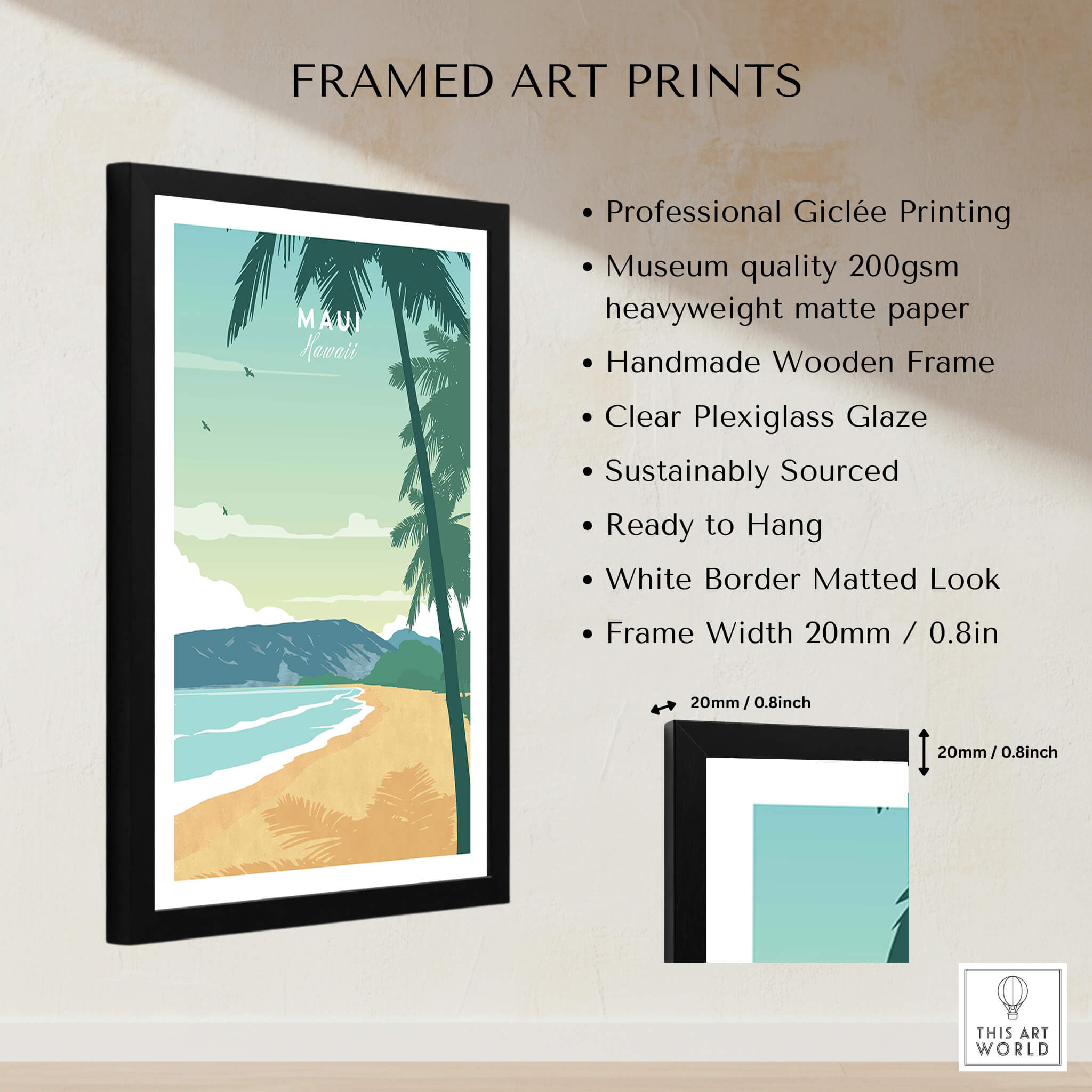 Maui Print Wall Art Poster featuring serene beach scene and palm trees in a handmade wooden frame.