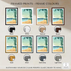 Framed prints of Maui Print Wall Art Poster in various frame colors: Black, White, Natural, Brown, Gold, Silver, Dark Grey, Light Grey.