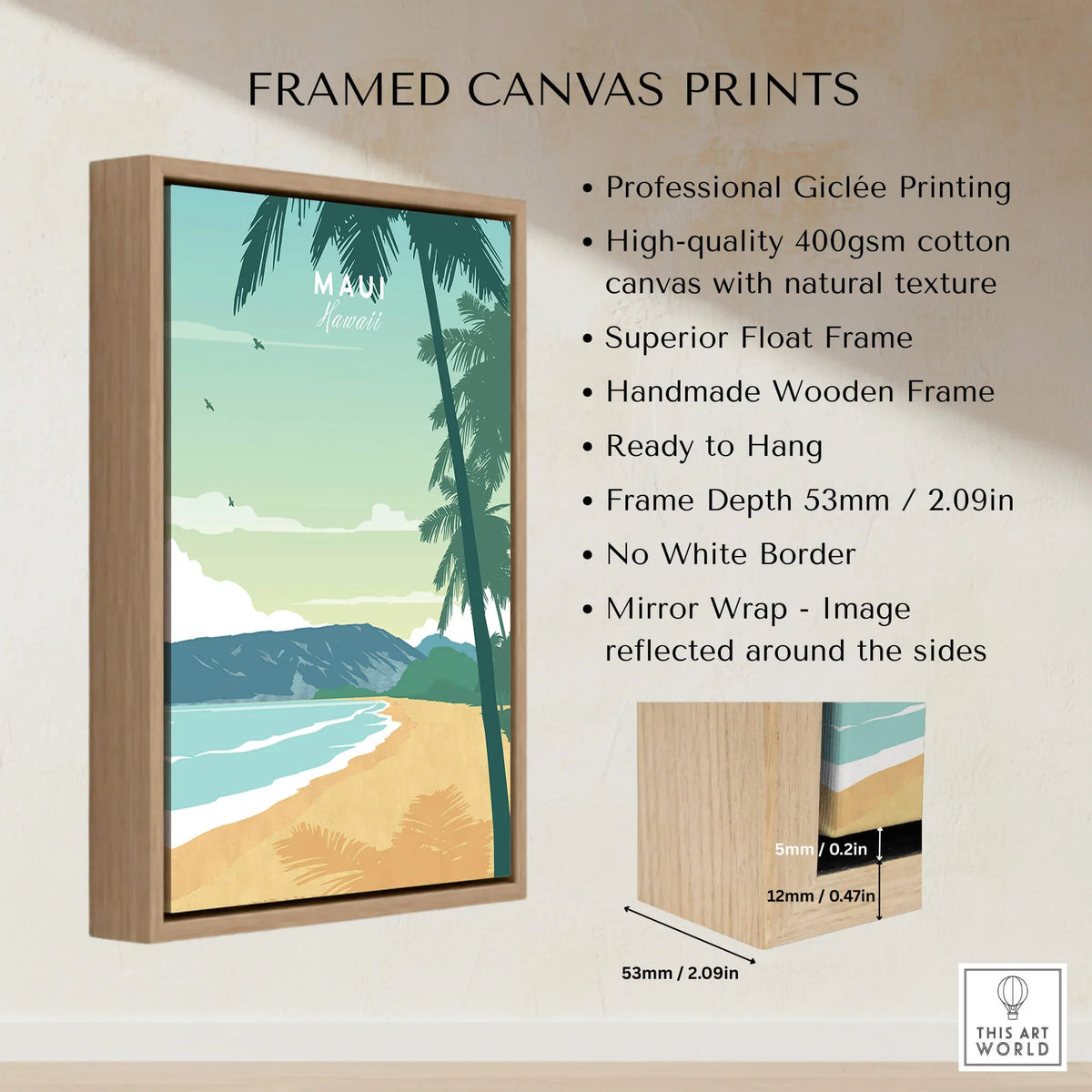 Maui Print Wall Art Poster framed canvas print featuring serene beach and palm trees, perfect for home decor.