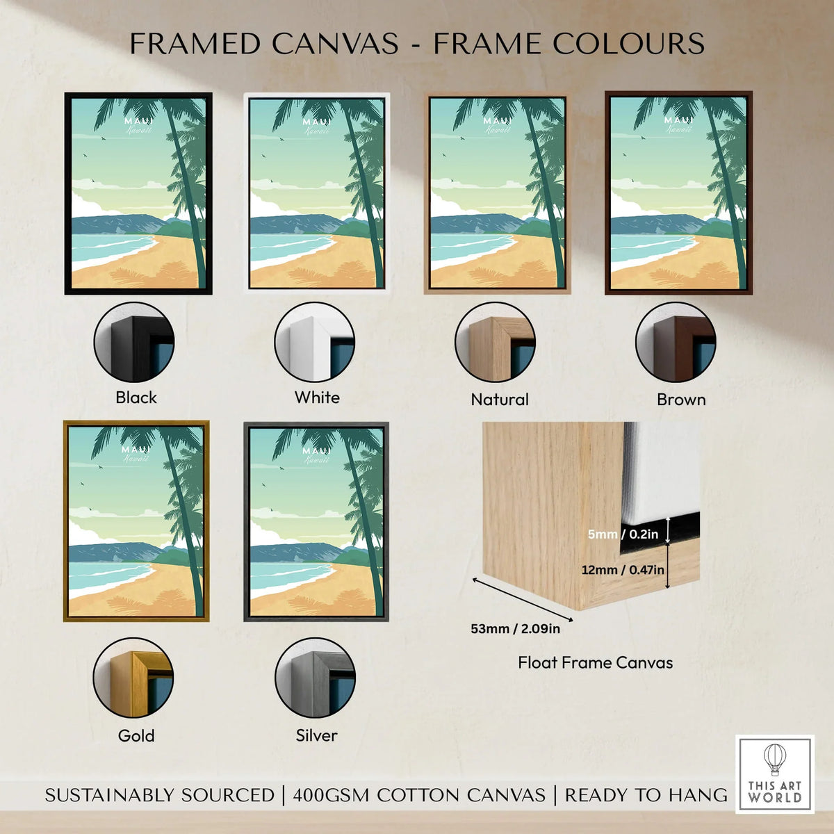 Maui Print Wall Art Poster framed canvas options in various frame colors including black, white, natural, brown, gold, and silver.