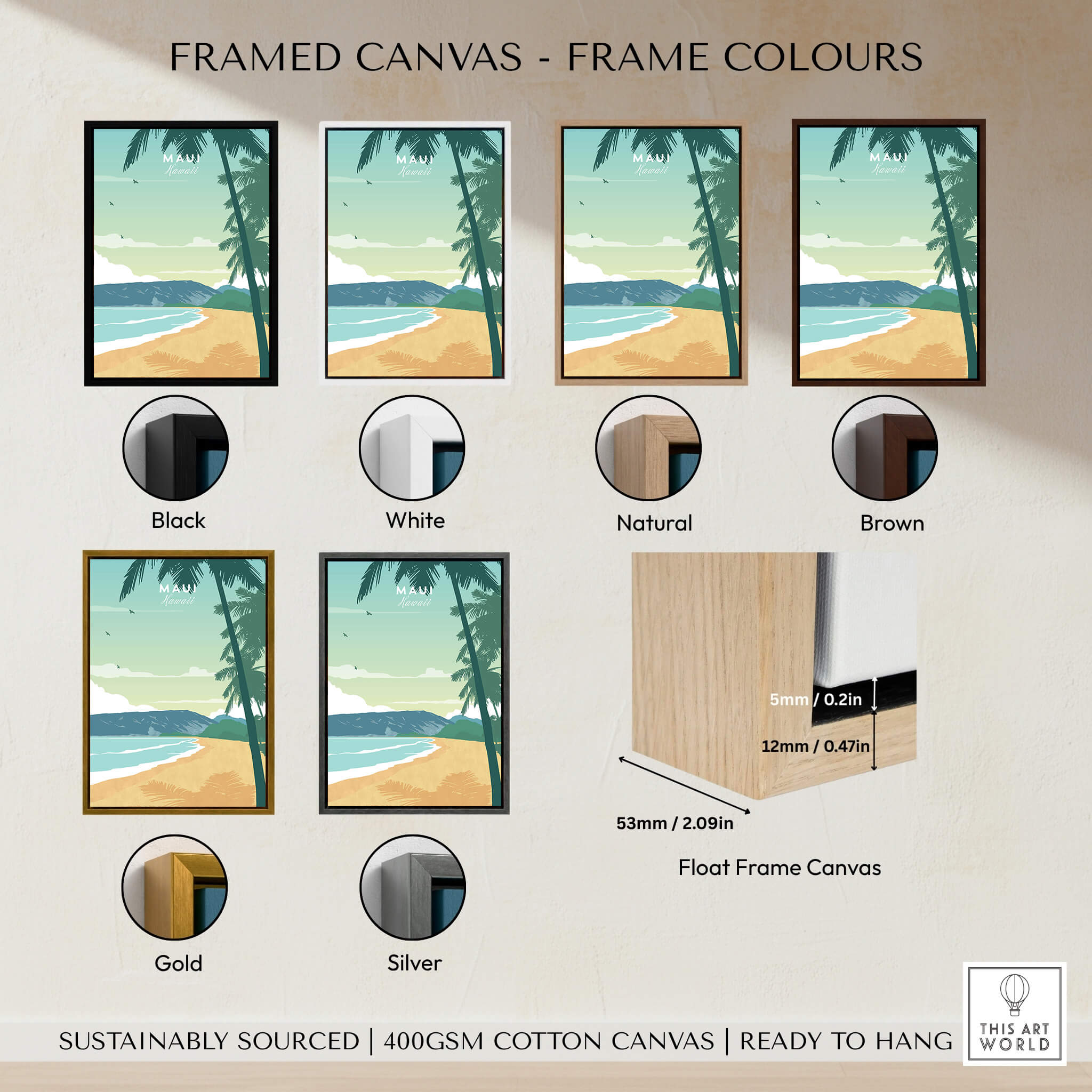 Maui Print Wall Art Poster framed canvas options in various frame colors including black, white, natural, brown, gold, and silver.