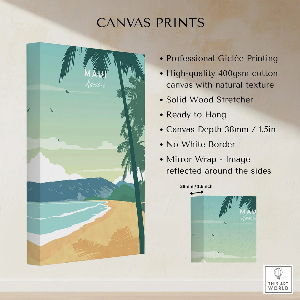 Maui Print Wall Art Poster showcasing a serene beach scene with palm trees and minimalist design, perfect for home decor.