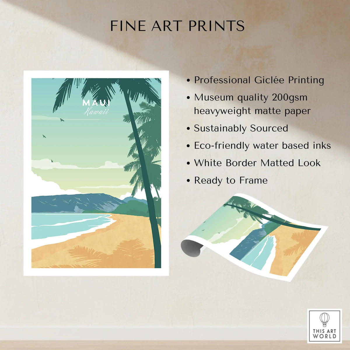 Maui Print Wall Art Poster featuring serene beach scene and palm trees, perfect for adding tranquility to your home.
