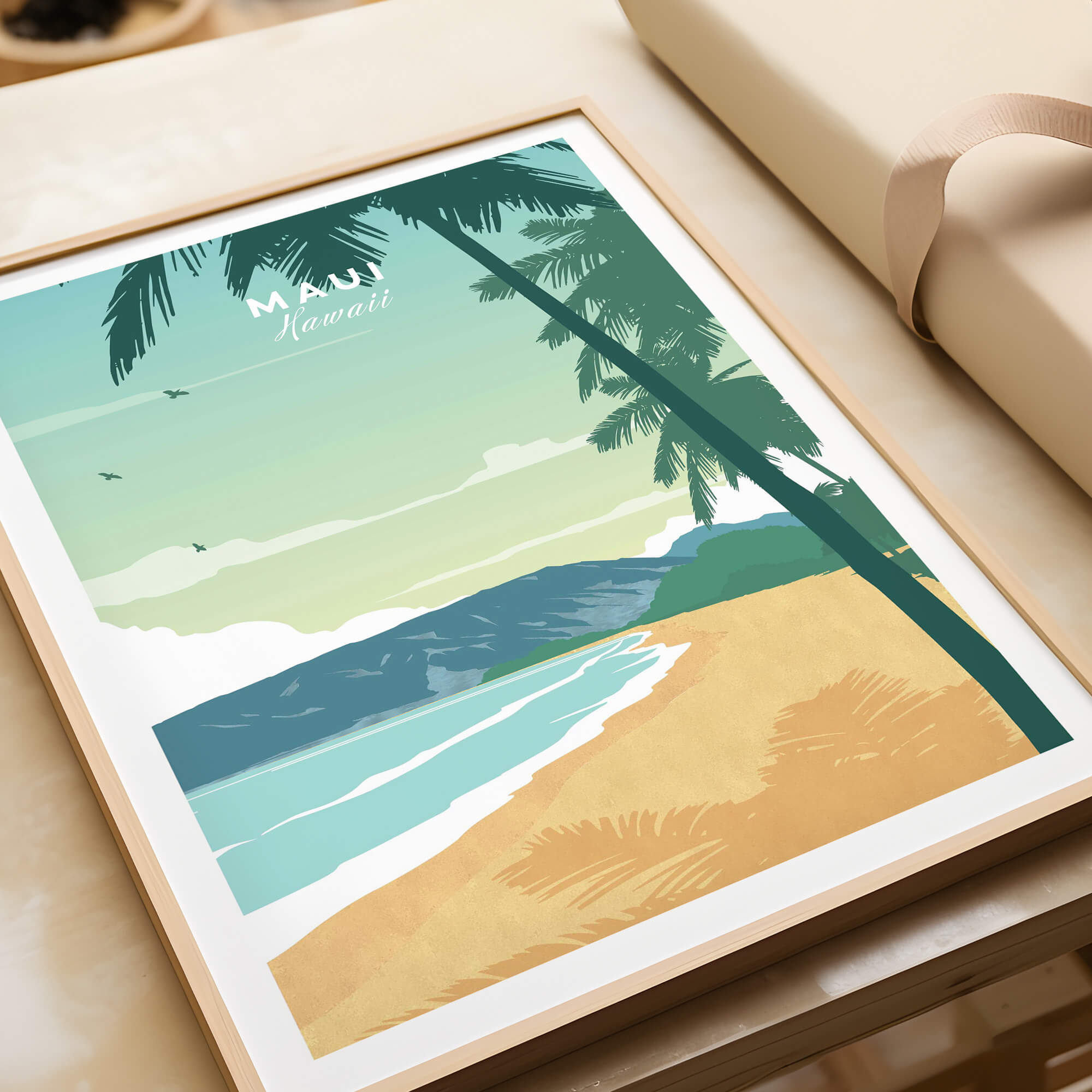 Maui Print Wall Art Poster featuring a serene beach scene with palm trees and a minimalist design, ideal for home decor.