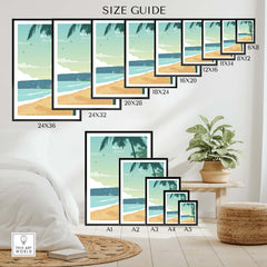 Maui Print Wall Art Poster size guide featuring various frame dimensions and serene beach art layout.