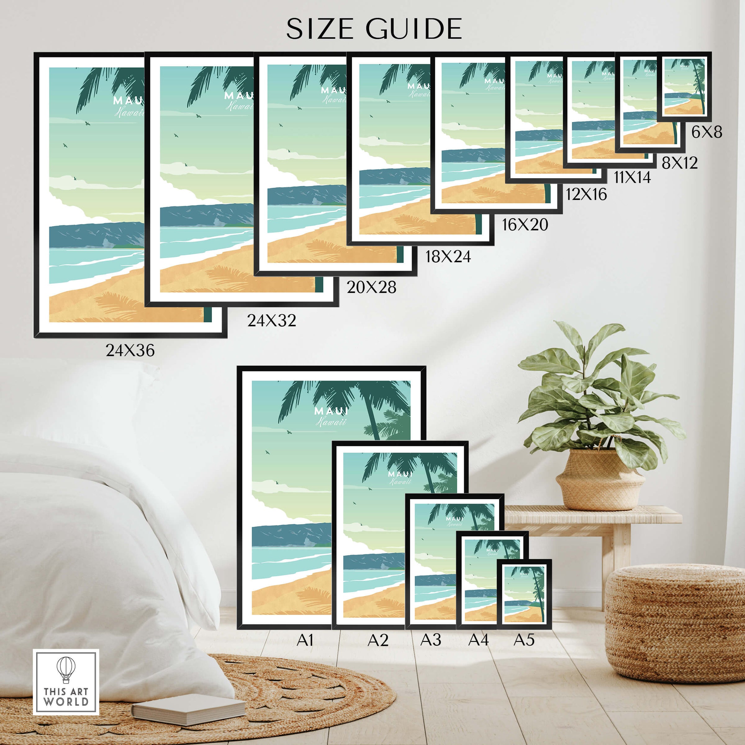 Maui Print Wall Art Poster size guide featuring various frame dimensions and serene beach art layout.