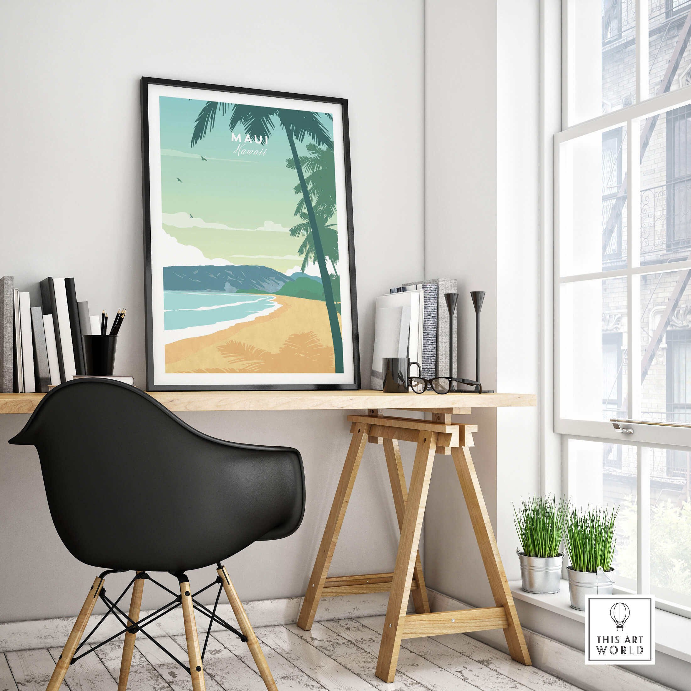 Maui Print Wall Art Poster displayed in a stylish room, featuring serene beach and palm trees, bringing tranquility to home decor.