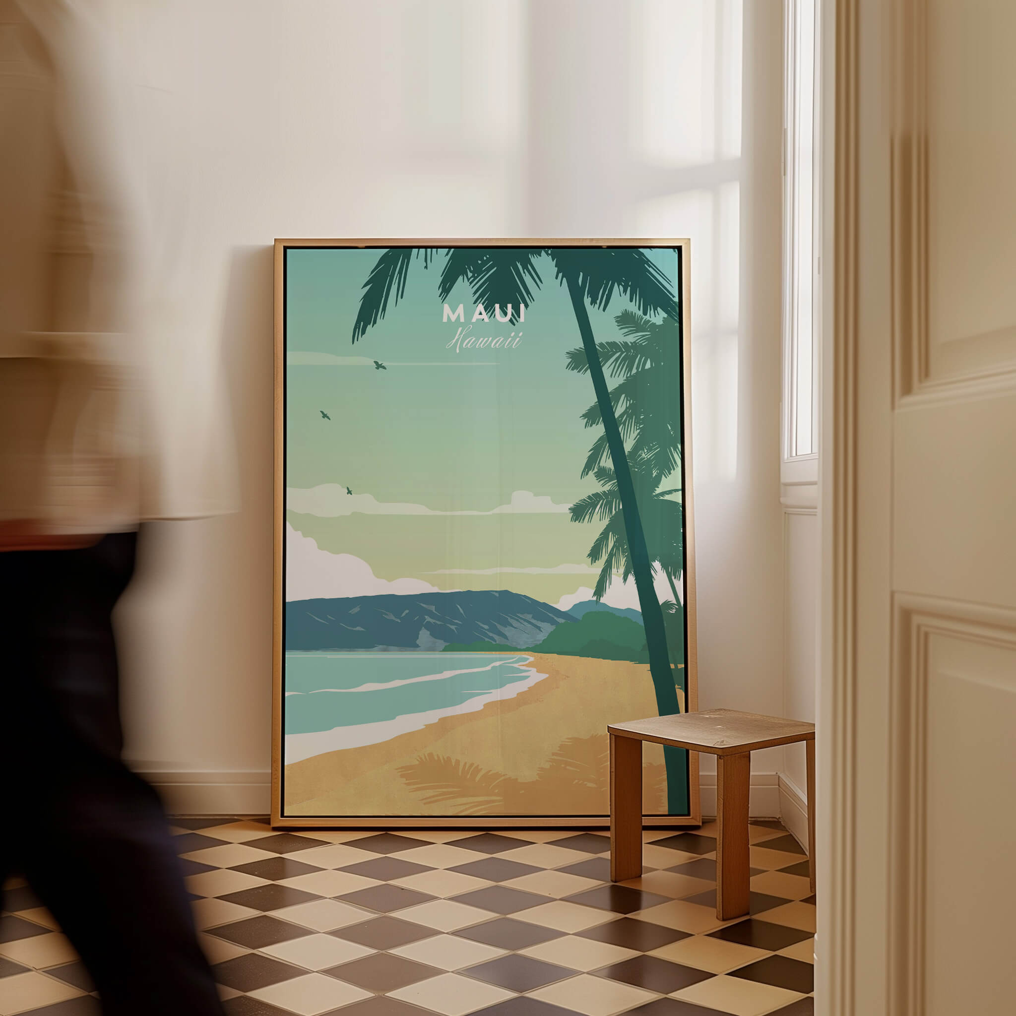Maui Print Wall Art Poster featuring a serene beach scene and palm trees in a minimalist design.