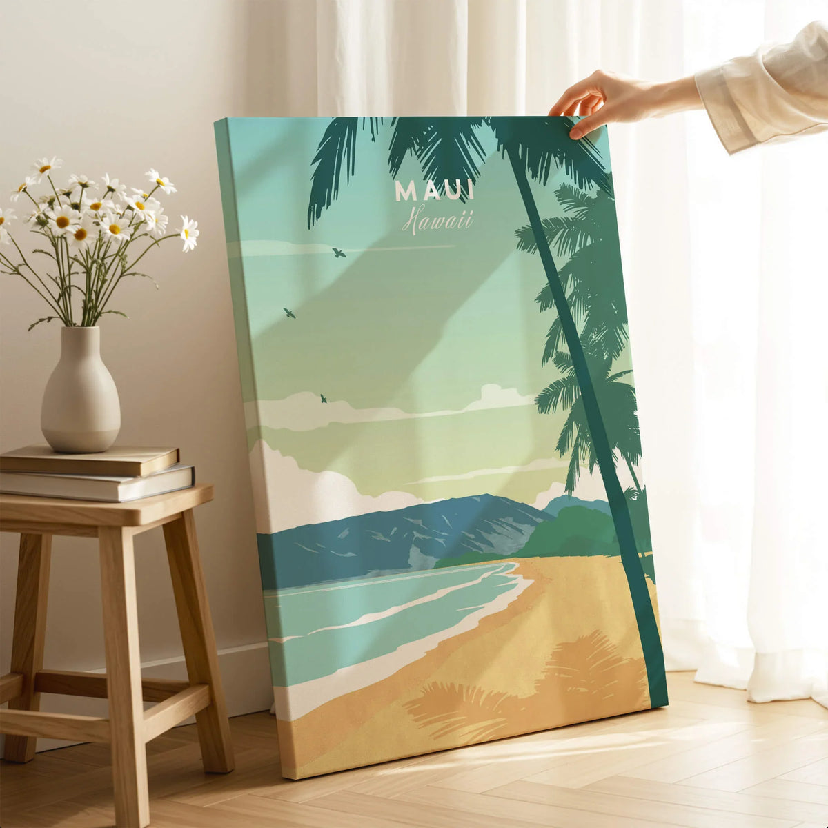 Maui Print Wall Art Poster featuring a serene beach scene with palm trees and minimalist design.