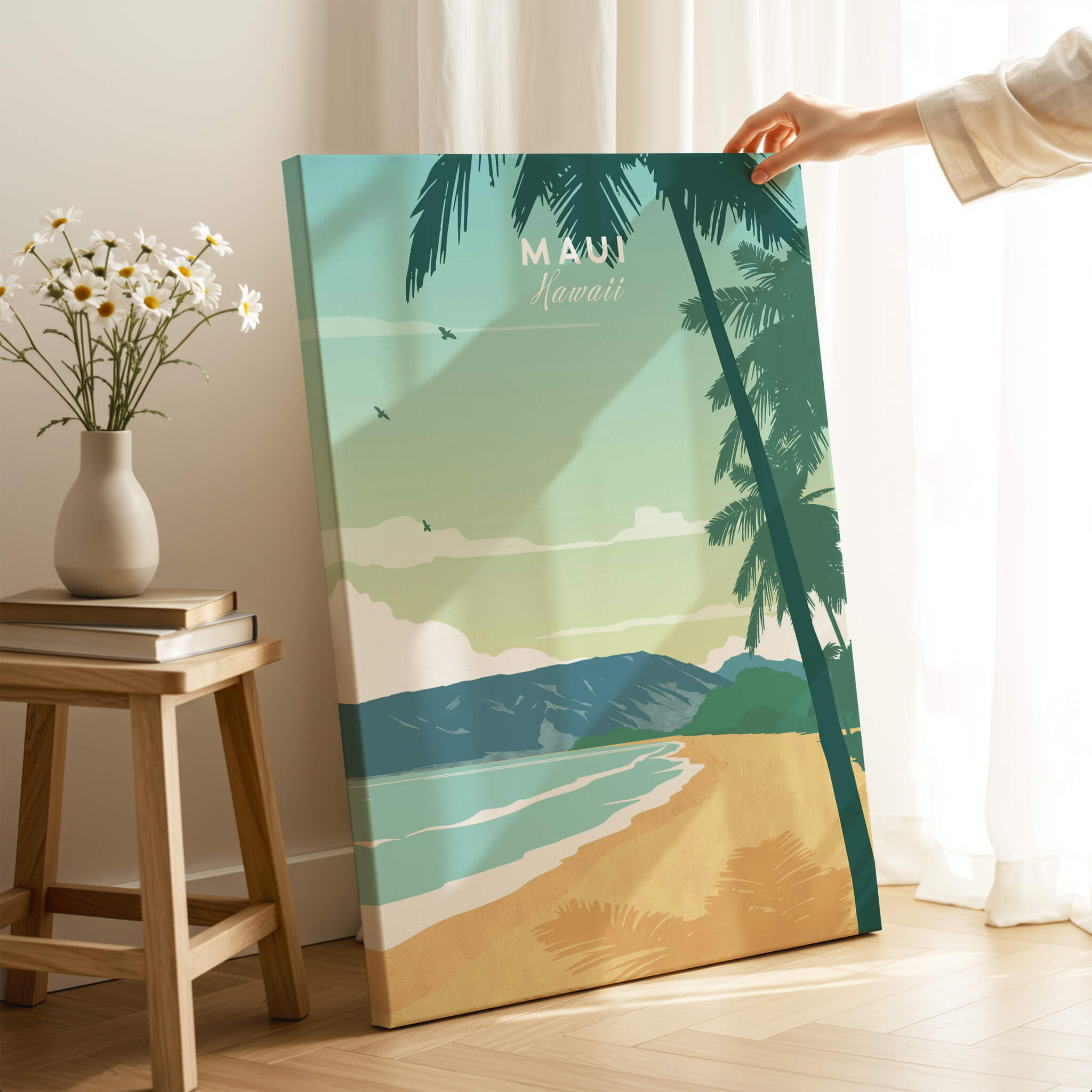 Maui Print Wall Art Poster featuring a serene beach scene with palm trees and minimalist design.