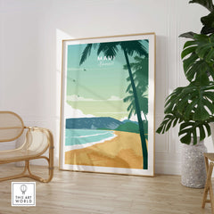 Maui Print Wall Art Poster featuring a serene beach and palm trees, bringing a touch of paradise to your home.