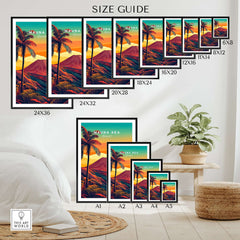 Mauna Kea Hawaii Art Print - Volcanic Mountain Poster, Palm Tree Island size guide for different frame dimensions.
