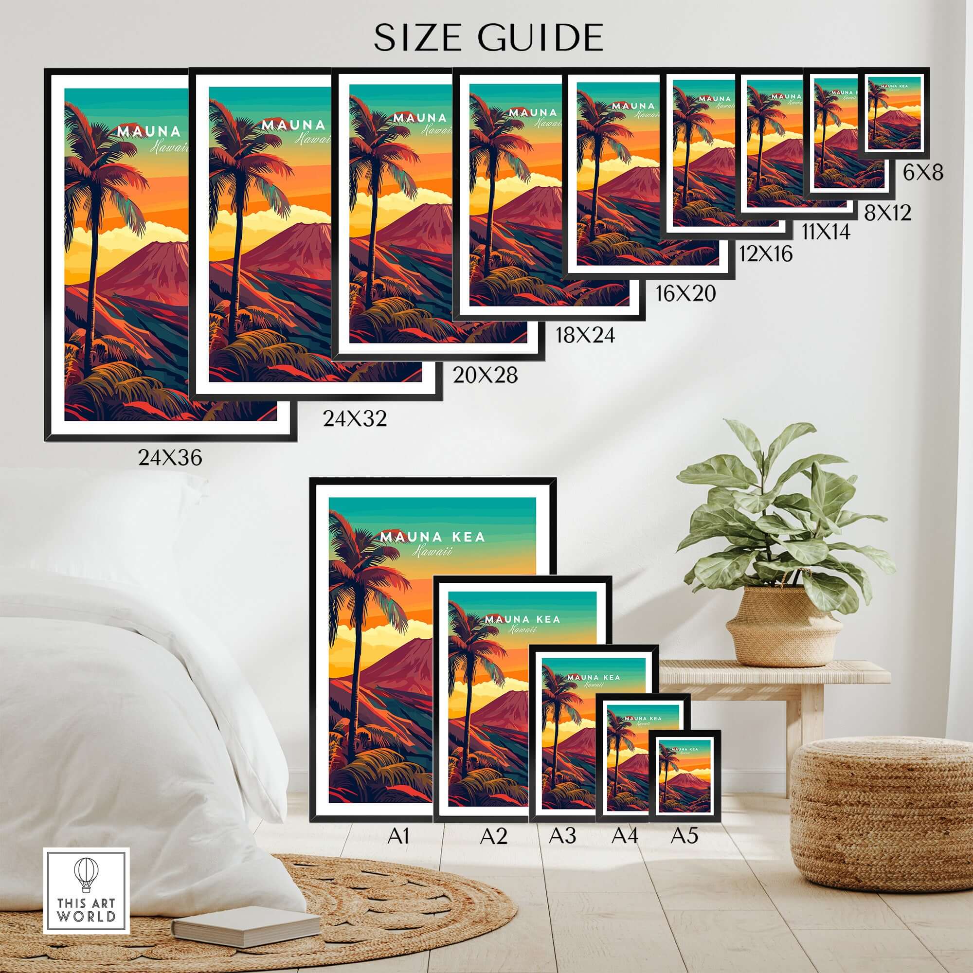 Mauna Kea Hawaii Art Print - Volcanic Mountain Poster, Palm Tree Island size guide for different frame dimensions.