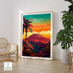 Mauna Kea Hawaii Art Print - Volcanic Mountain Poster, Palm Tree Island framed in a room with plants and modern decor.