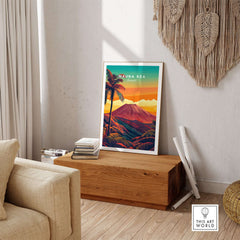 Mauna Kea Hawaii Art Print - Volcanic Mountain Poster, Palm Tree Island displayed in a cozy living room setting.
