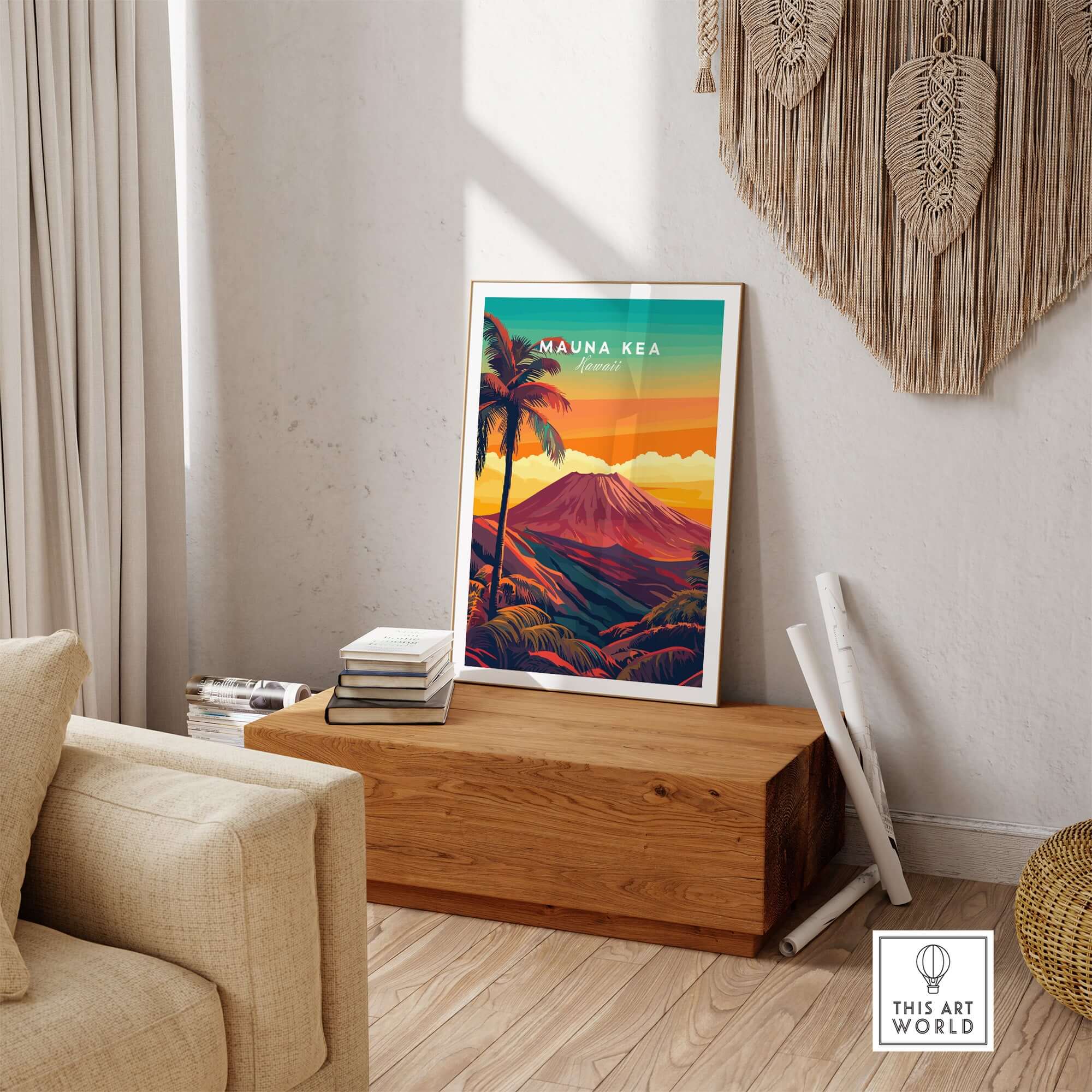 Mauna Kea Hawaii Art Print - Volcanic Mountain Poster, Palm Tree Island displayed in a cozy living room setting.