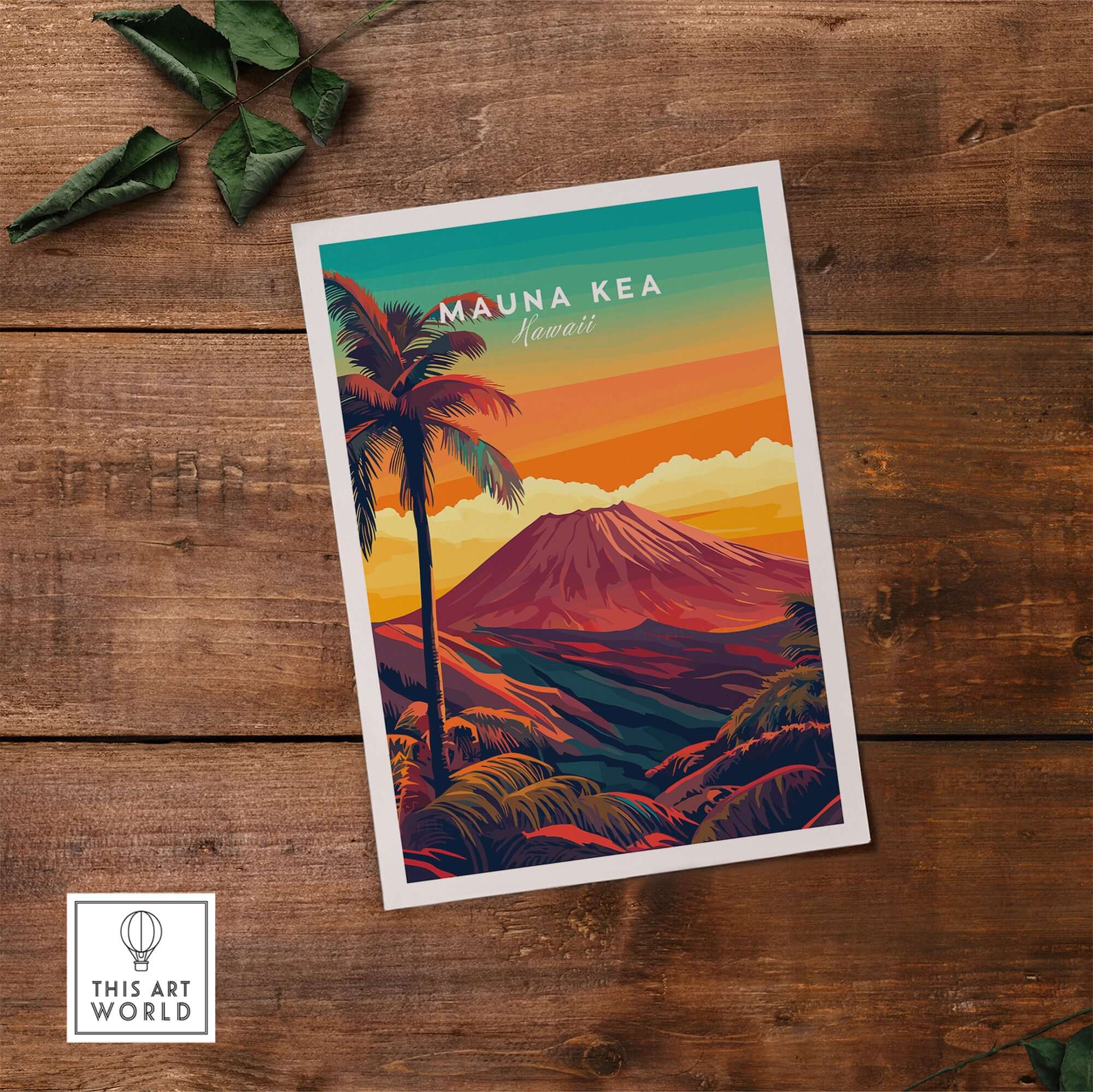 Mauna Kea Hawaii Art Print - Volcanic Mountain Poster, Palm Tree Island against a sunset backdrop.