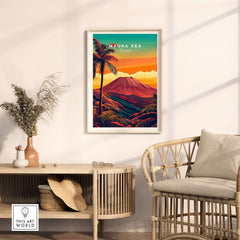 Mauna Kea Hawaii Art Print - Volcanic Mountain Poster, Palm Tree Island in a stylish living room setting.