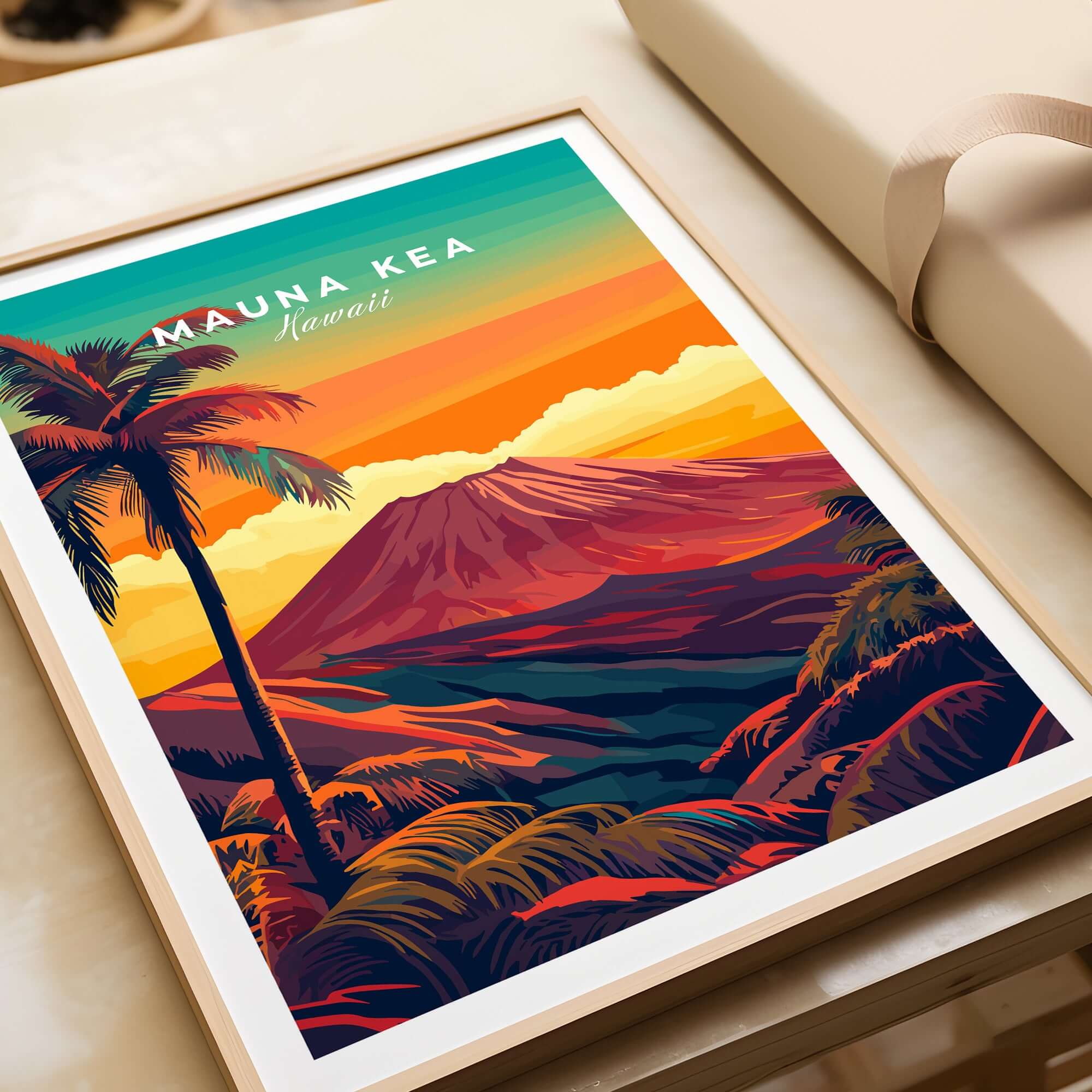 Mauna Kea Hawaii Art Print - Volcanic Mountain Poster, Palm Tree Island showcasing a vibrant sunset with lush greenery.