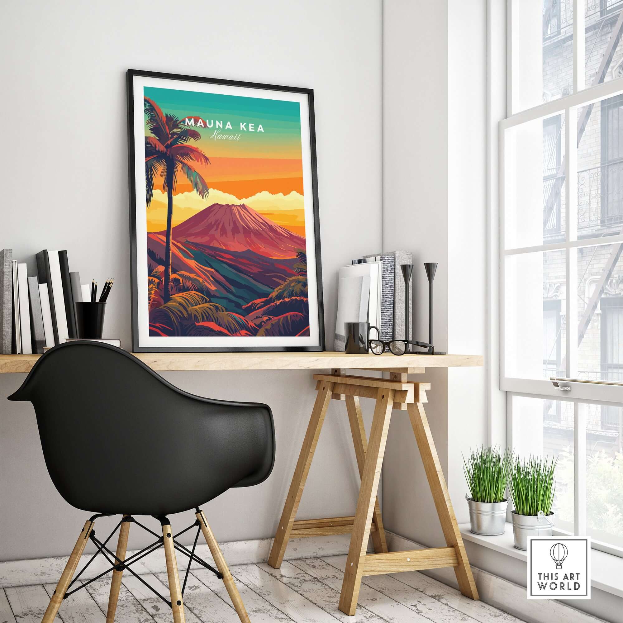 Mauna Kea Hawaii Art Print - Volcanic Mountain Poster, Palm Tree Island displayed in a modern interior setting.