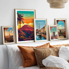Mauna Kea Hawaii Art Print - Volcanic Mountain Poster, Palm Tree Island displayed on a cozy bed with framed travel art.