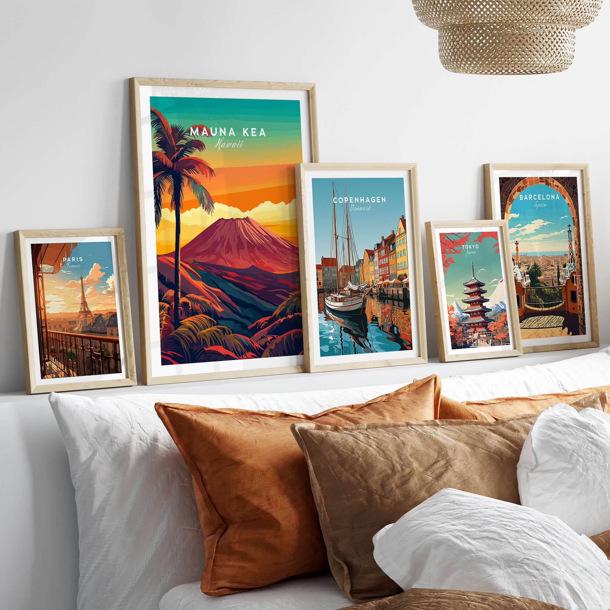 Mauna Kea Hawaii Art Print - Volcanic Mountain Poster, Palm Tree Island displayed on a cozy bed with framed travel art.