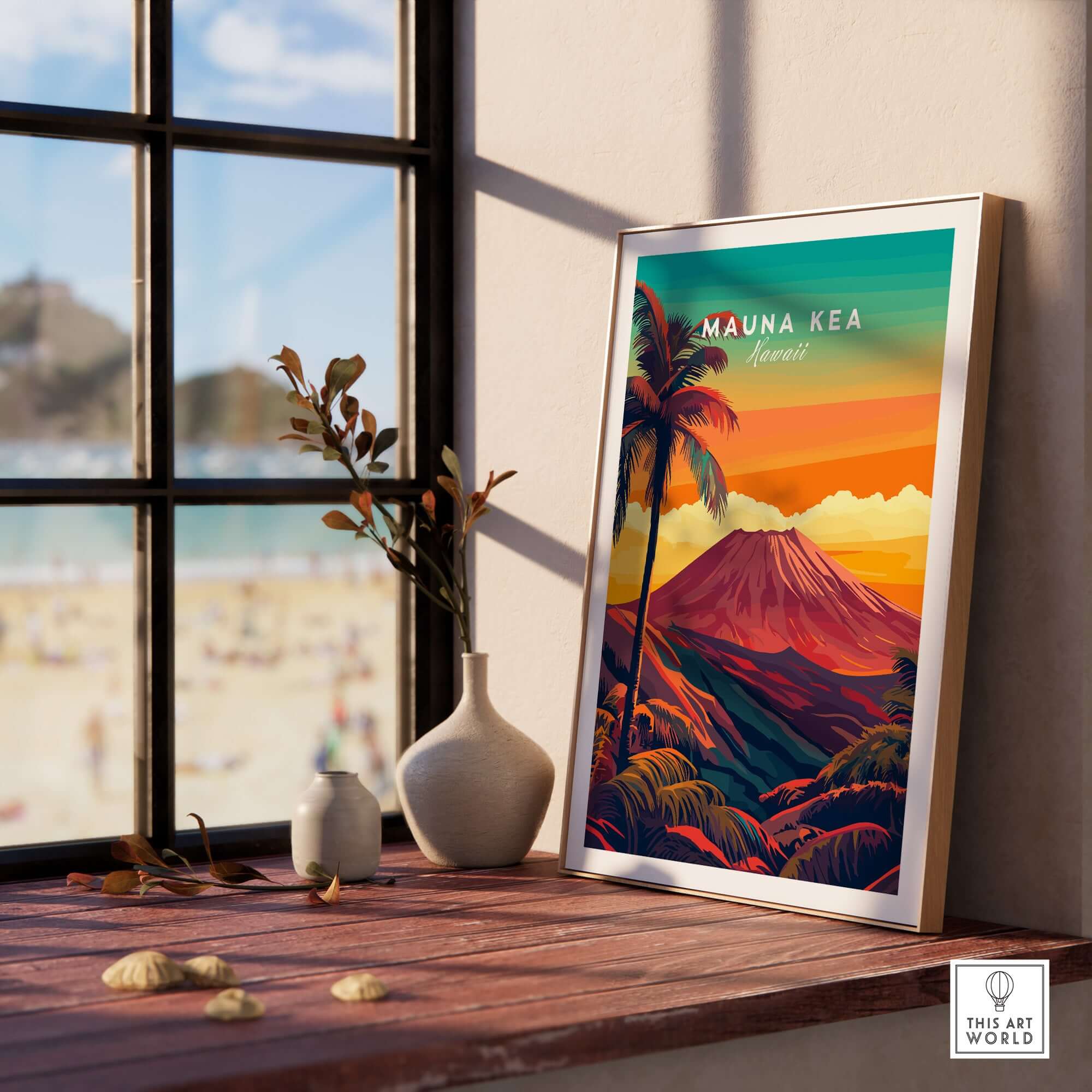 Mauna Kea Hawaii Art Print - Volcanic Mountain Poster, Palm Tree Island displayed in a sunny room by a window.