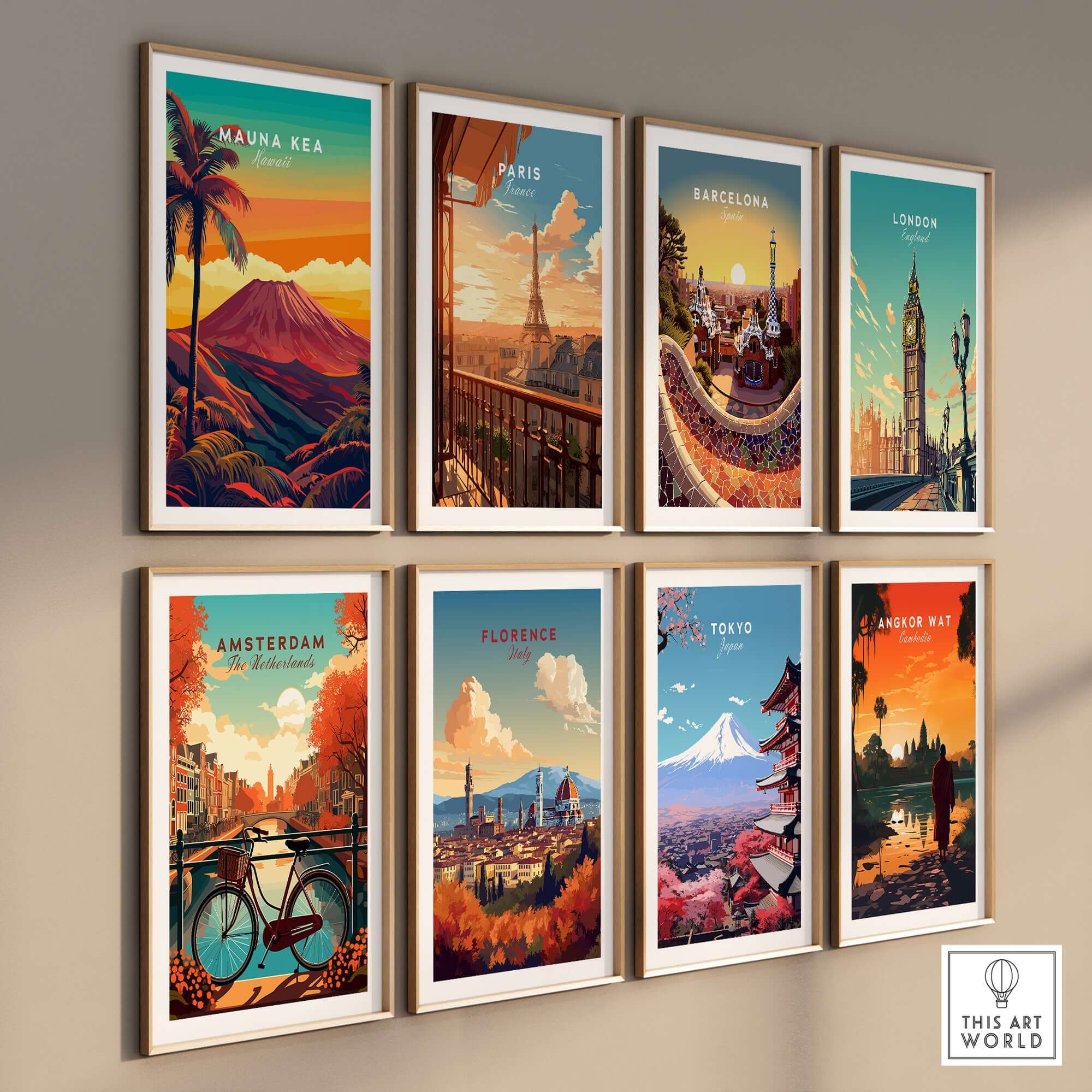 Mauna Kea Hawaii Art Print - Volcanic Mountain Poster, Palm Tree Island displayed among other city art prints.