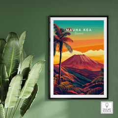 Mauna Kea Hawaii Art Print - Volcanic Mountain Poster, Palm Tree Island displayed on a green wall.
